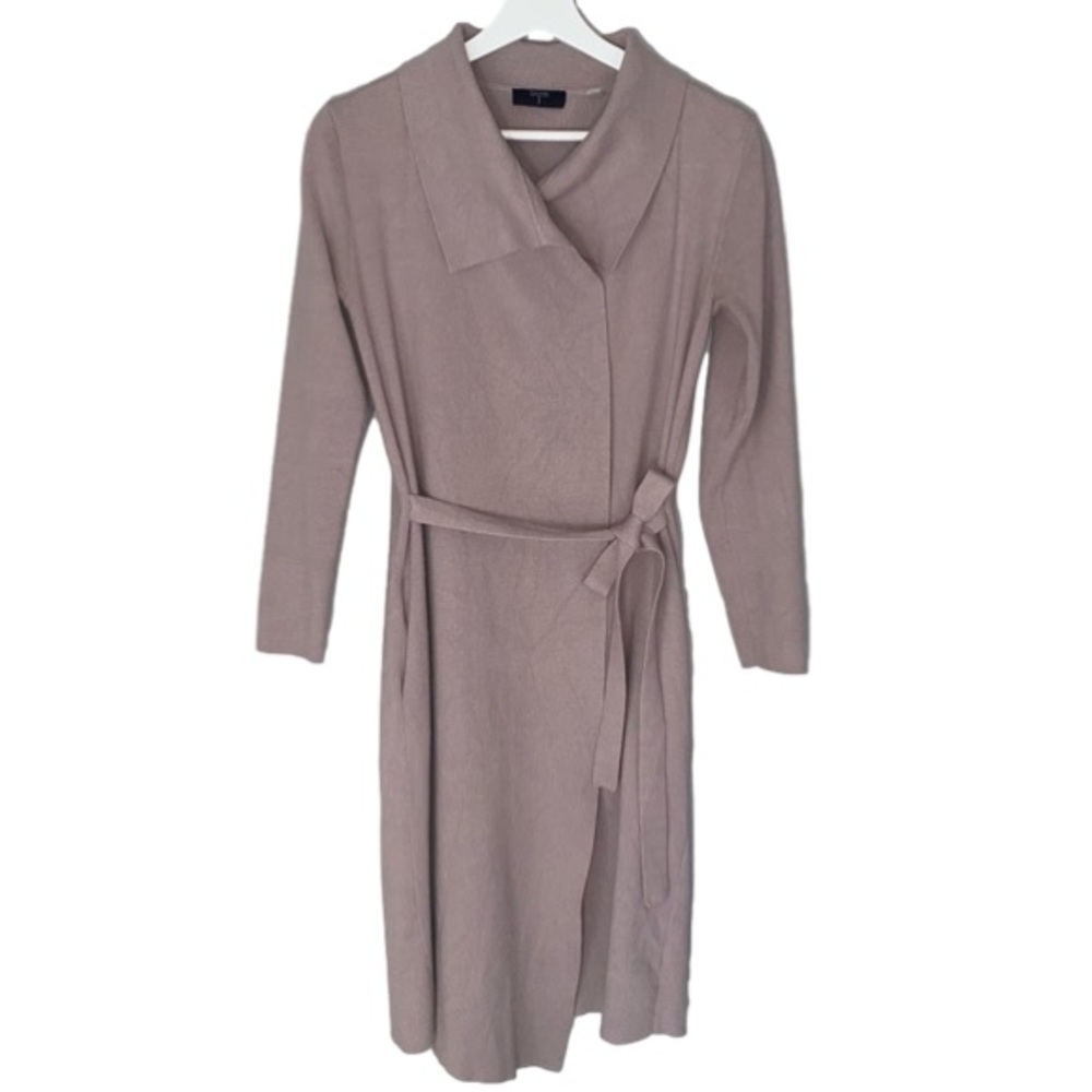 TAHARI Cardigan Sweater Open Tie Waist Long Sleeves Pockets Blush Tan Women M